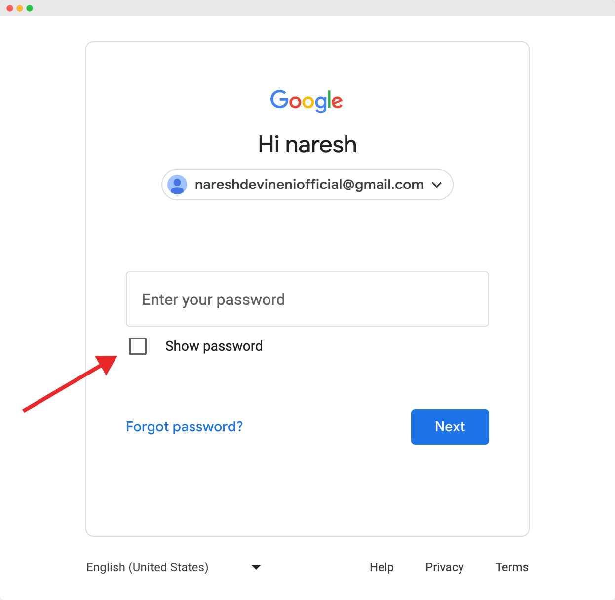 Google Login form with a checkbox to reveal the